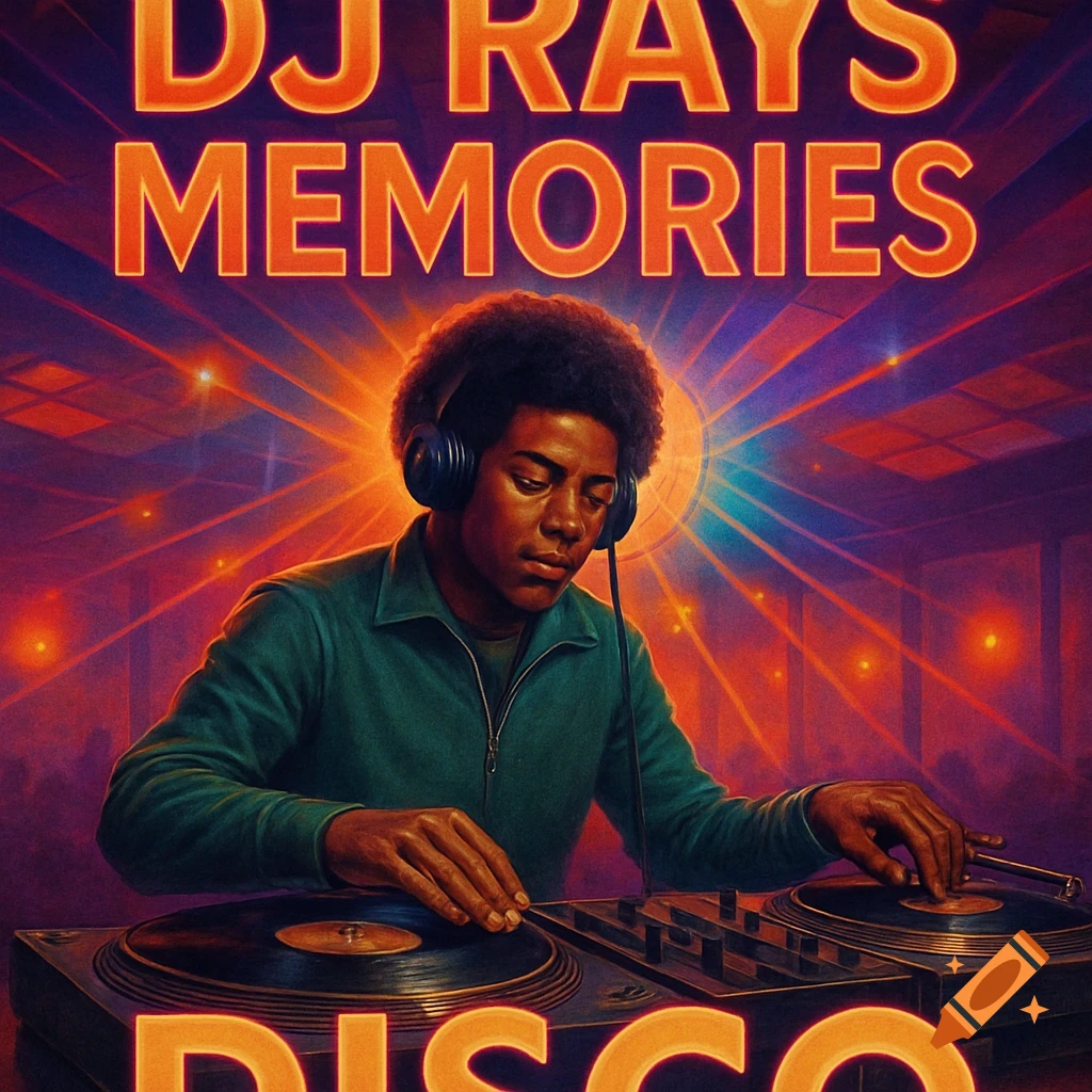 Person DJing at a disco with text DJ RAYS MEMORIES DISCO.
