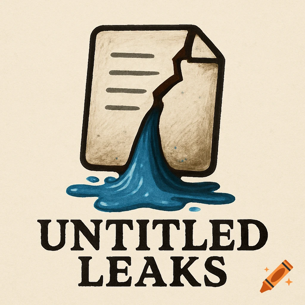 Illustration of a document icon leaking blue fluid, with the text "Untitled Leaks" below it.