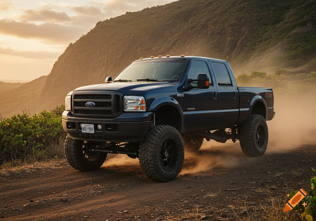 Lifted blue Ford F250 truck off-roading on a dirt road at sunset.