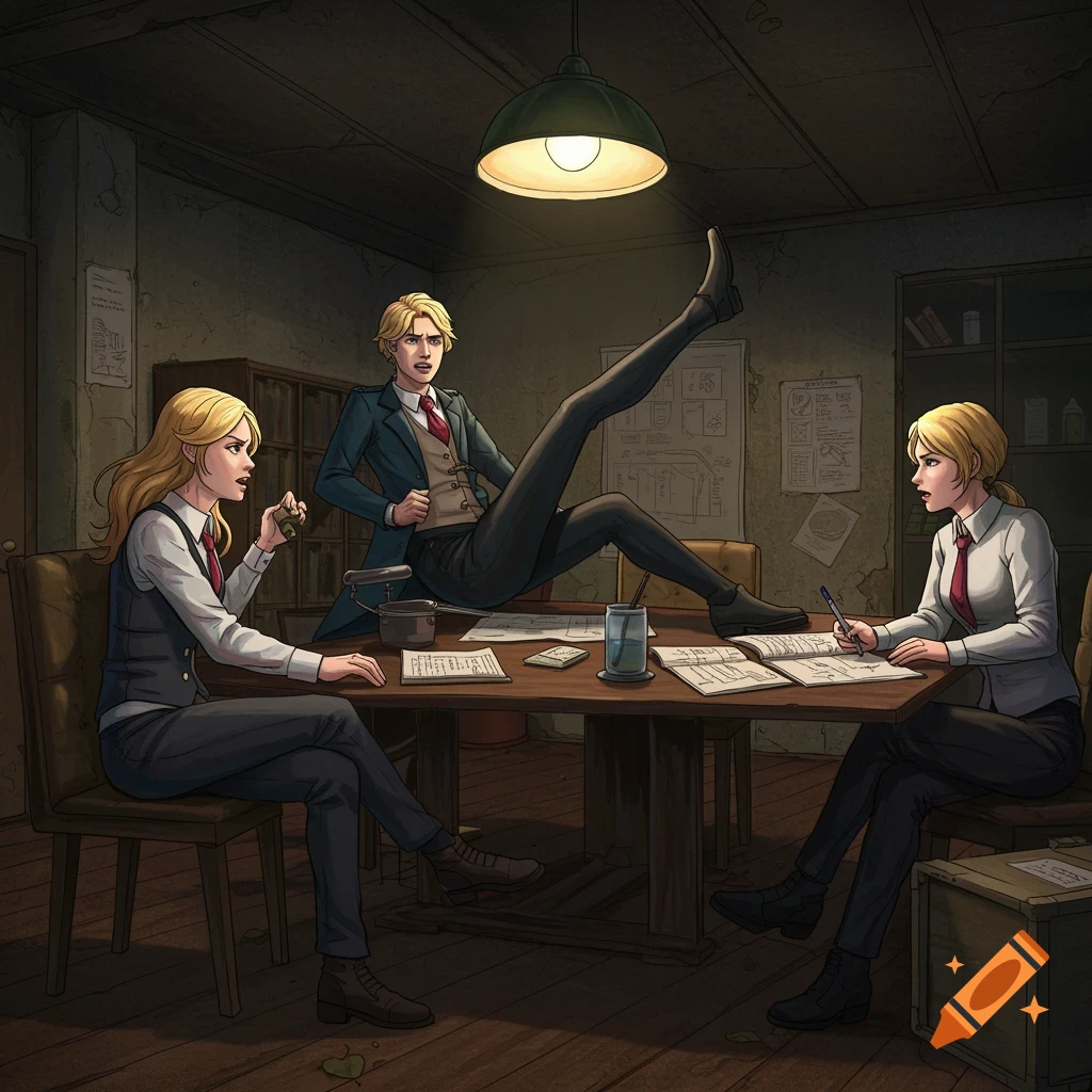 Three young people in an dimly lit office-like room; one sits with their leg on the table while the others look on. Illustration.