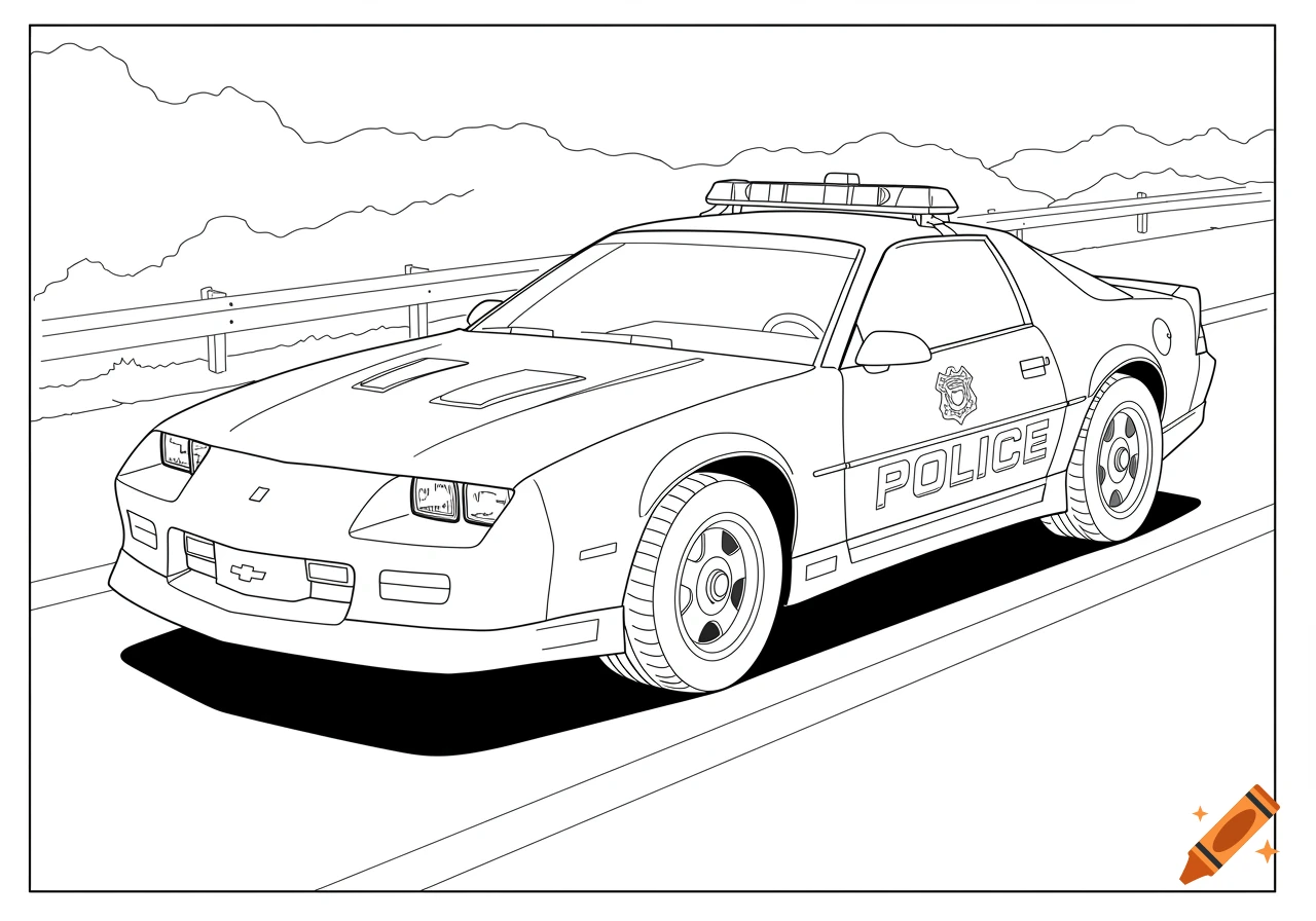 Line art coloring page of a 1990s police Camaro on a highway
