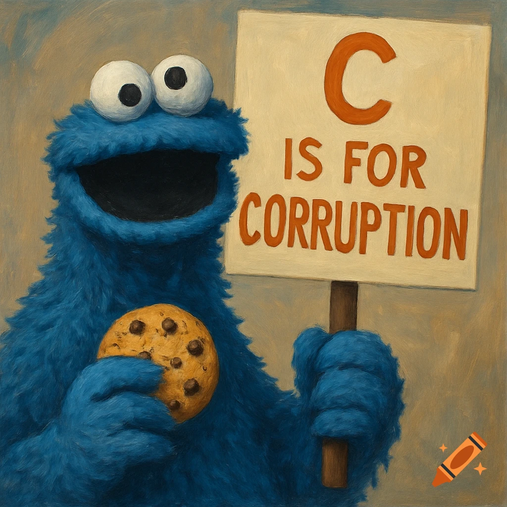 Cookie Monster holds a chocolate chip cookie and a sign that reads 'C IS FOR CORRUPTION' in a painterly style.