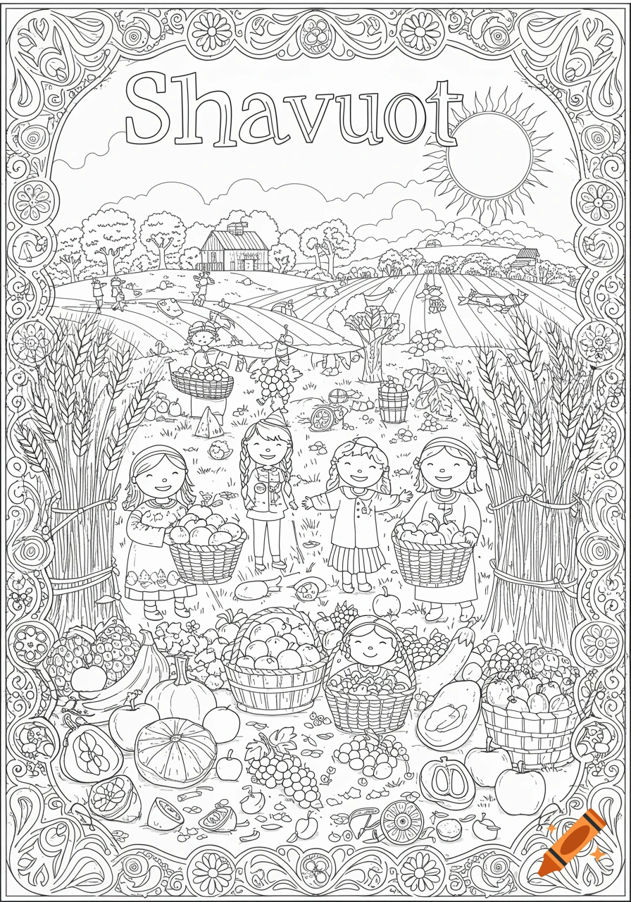 A coloring page illustration of a Shavuot harvest scene with people harvesting crops and baskets of fruit, framed by decorative borders and text 'Shavuot'.