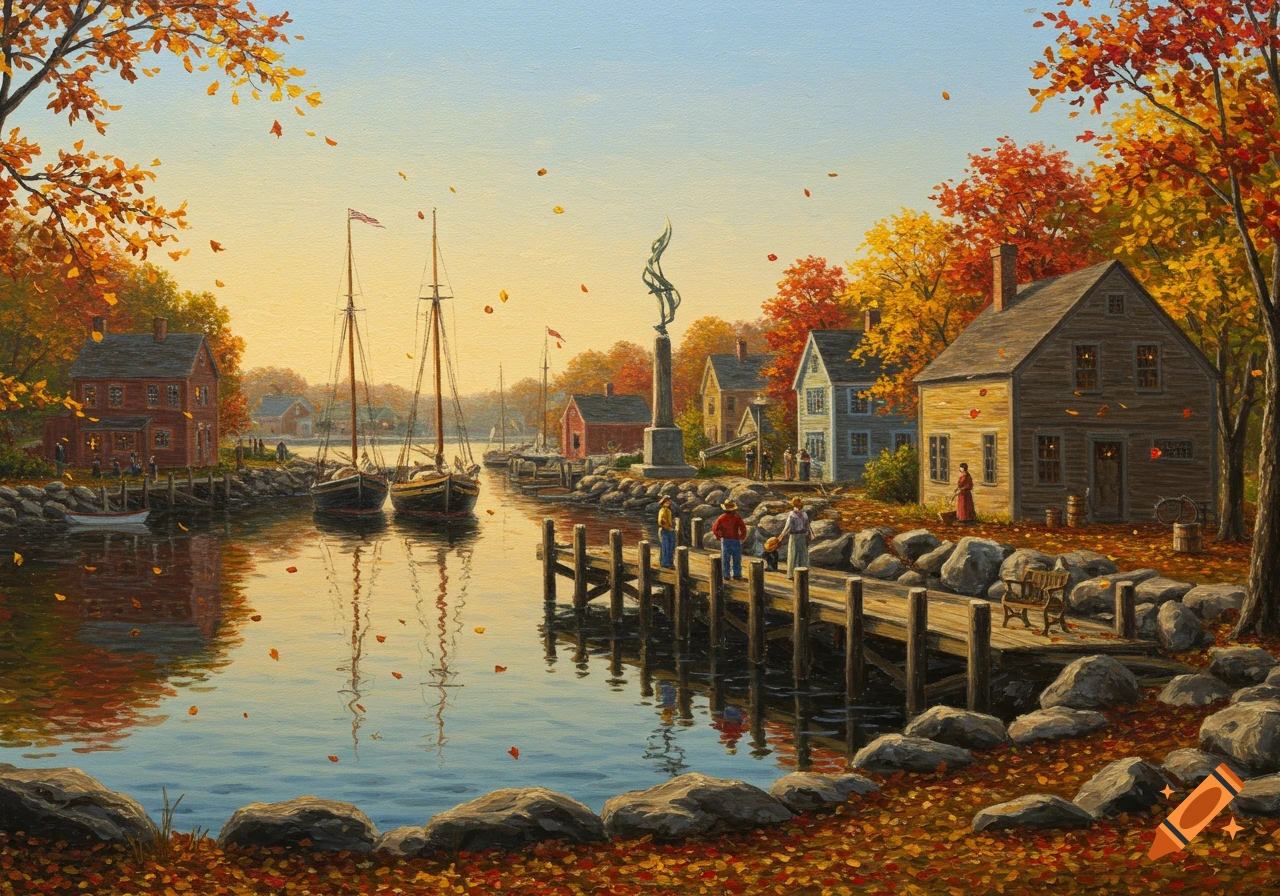 Oil painting of an autumn New England harbor with boats, buildings, and people on a dock.