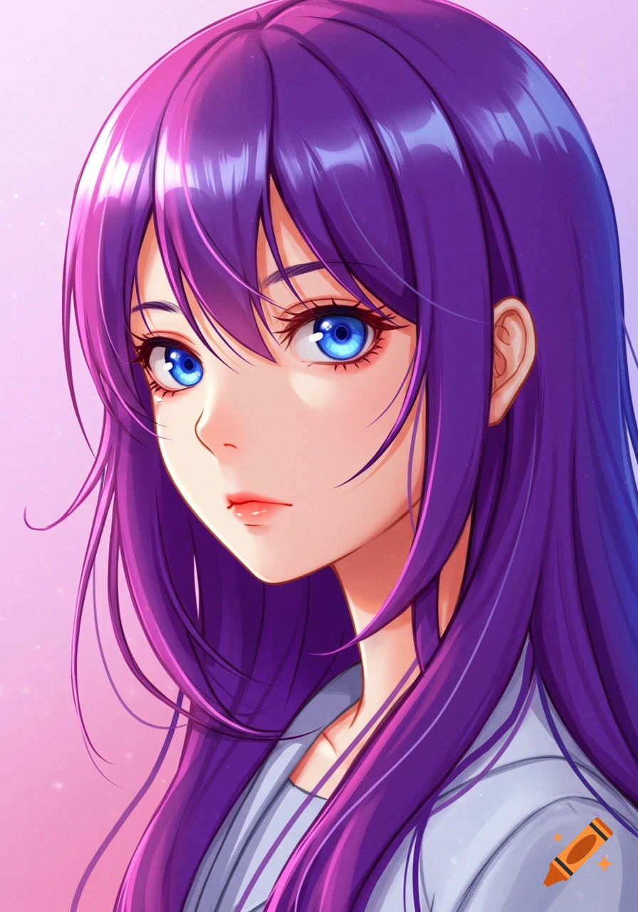 Anime portrait of a girl with long purple hair and bright blue eyes. on ...