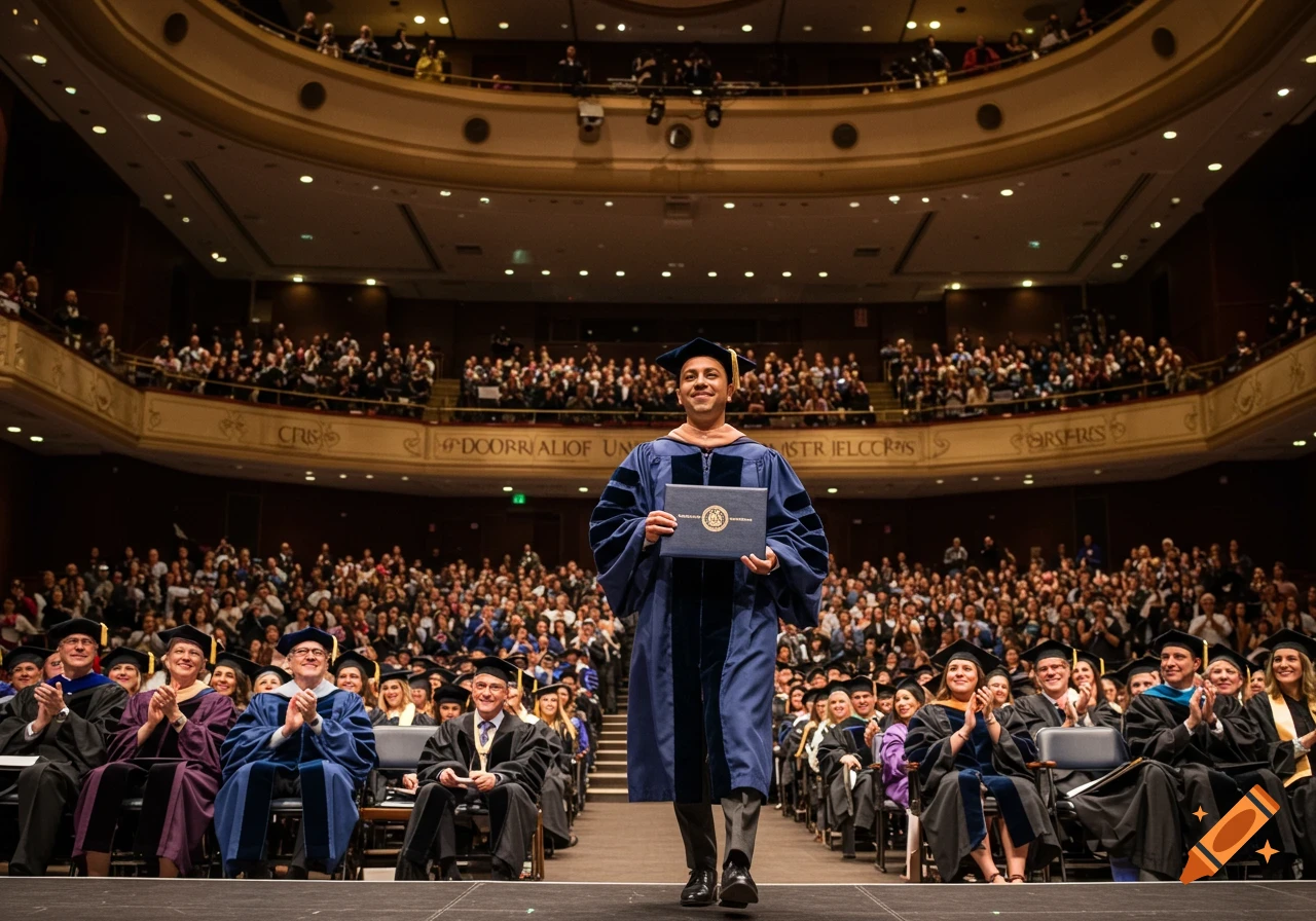 A student walks across a stage holding a diploma during a graduation ceremony in a large auditorium.