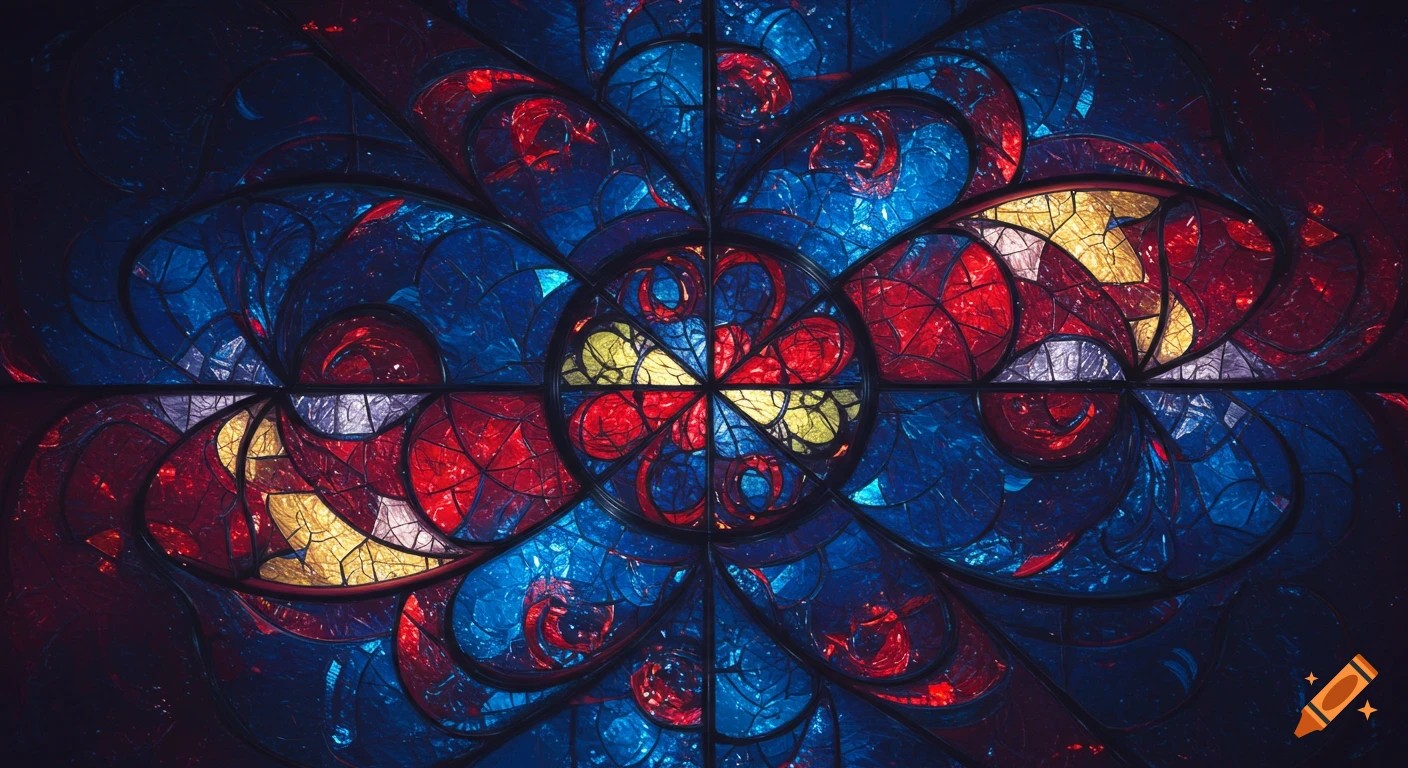Detailed stained glass abstract pattern in red, blue, and yellow