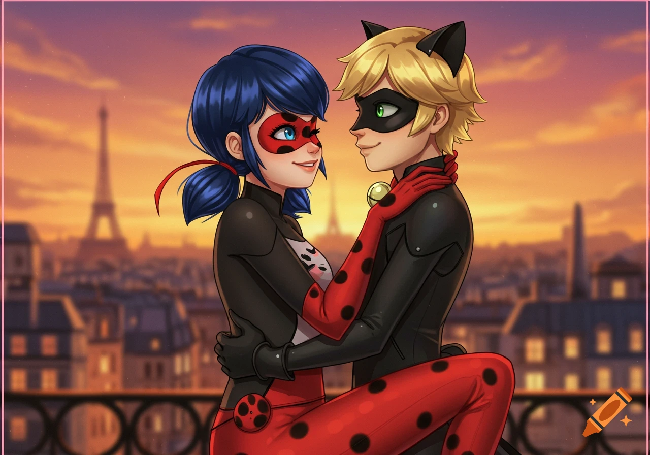 Anime characters resembling Ladybug and Cat Noir embrace on a balcony overlooking Paris at sunset.