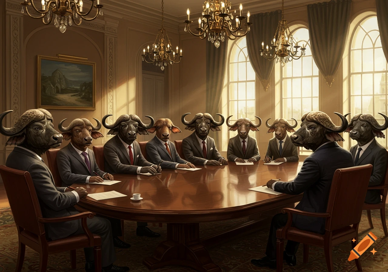 Anthropomorphic buffaloes in suits sit around a large table in a meeting room.