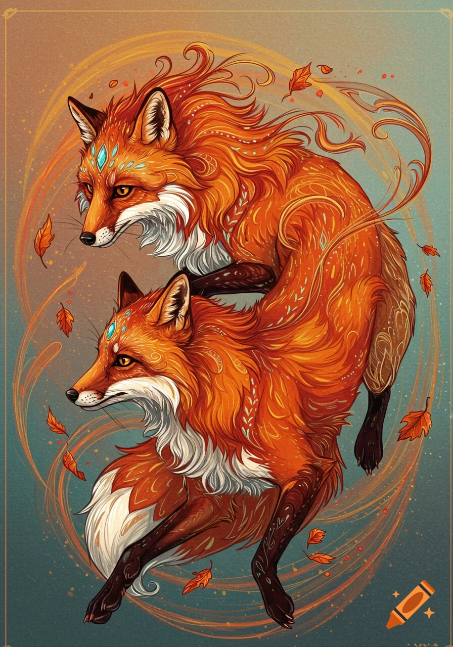 Two stylized orange foxes with decorative patterns and flowing fur among swirling lines and autumn leaves.