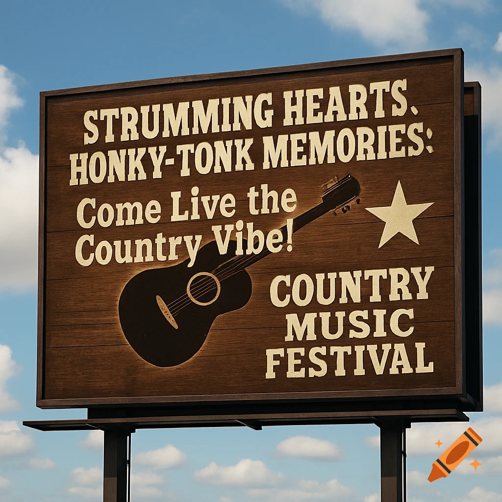 A wooden billboard advertising a Country Music Festival against a blue sky, with text and a guitar.