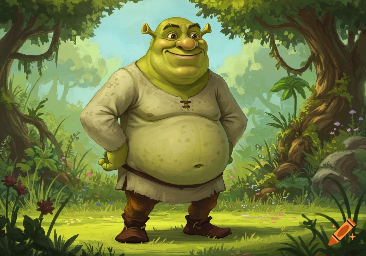 Painting of Shrek standing in a forest clearing.