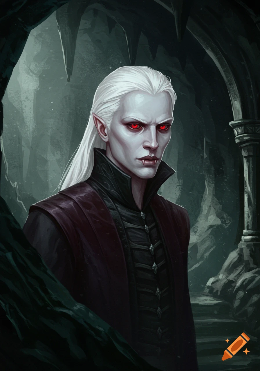 An illustration of an albino vampire with red eyes and white hair in a dark cave.