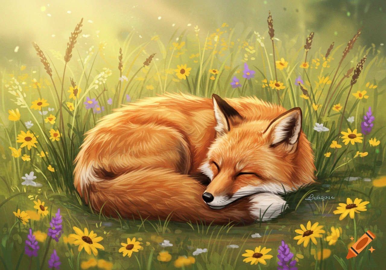 An illustrative painting of a red fox sleeping curled up in a meadow of yellow and purple flowers.