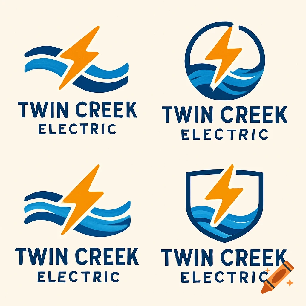Four logo designs for Twin Creek Electric featuring water waves and a lightning bolt.