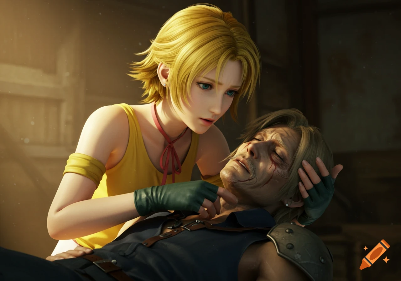 Celes tending to an injured Cid in a 3D rendered scene from Final Fantasy VI