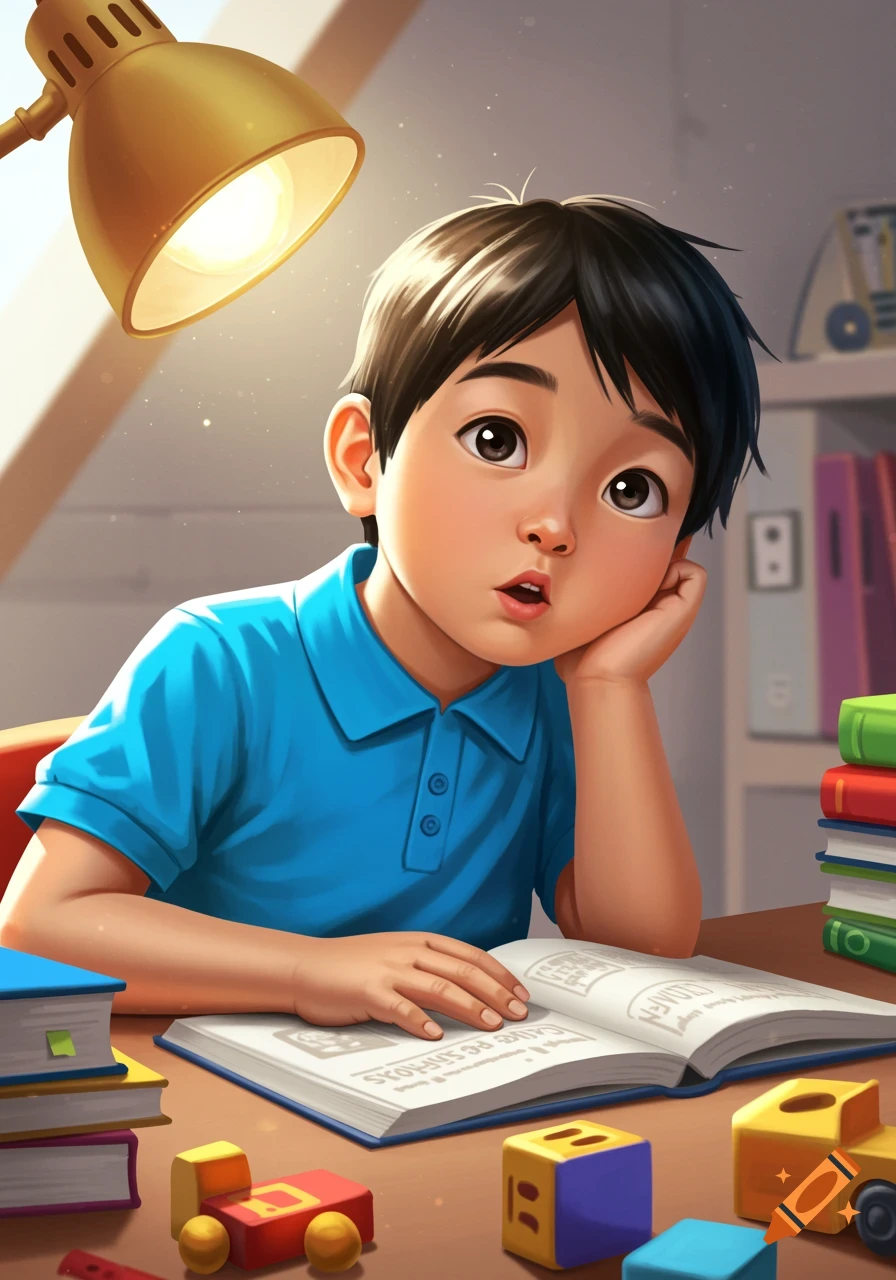 Illustration of a young boy studying intently at a desk with books and toys under a lamp.