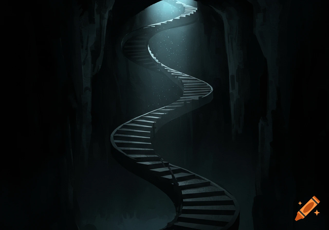 A long, winding staircase descends into darkness, lit by a beam of light from above in a cavern.