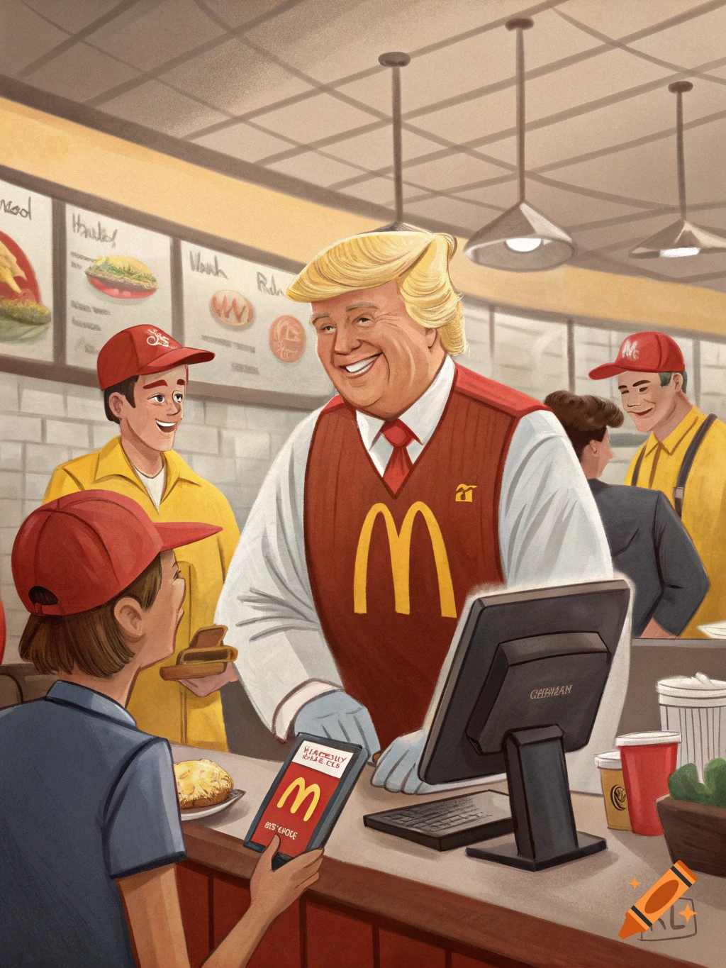 An illustration of Donald Trump smiling while working behind the counter at a McDonald's.