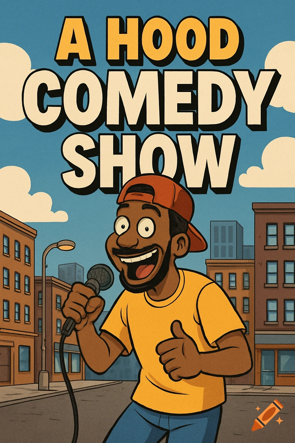 Cartoon poster for A Hood Comedy Show featuring a stand-up comedian on an urban street.