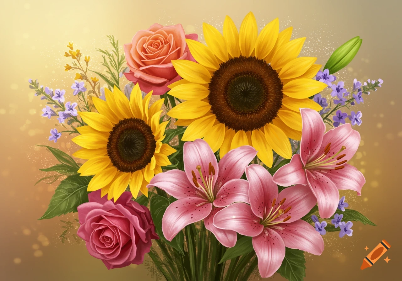 A vibrant bouquet of sunflowers, pink lilies, and peach roses against a warm background.