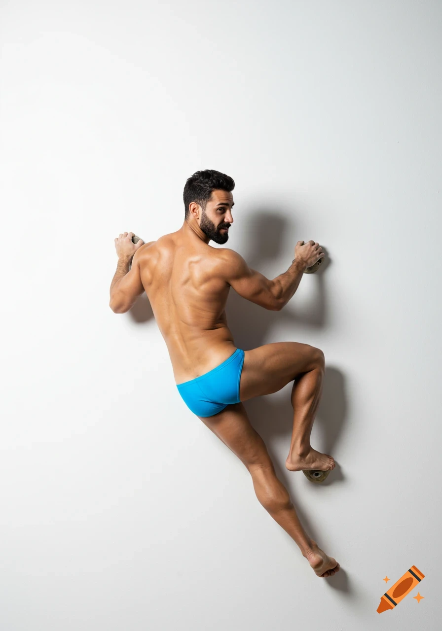 Photo of a muscular man in a blue speedo climbing a white wall.