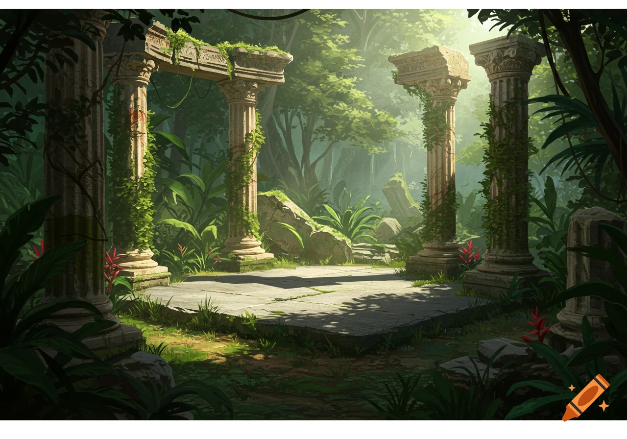 Ancient Roman column ruins stand around a small concrete patio in a lush, overgrown jungle.