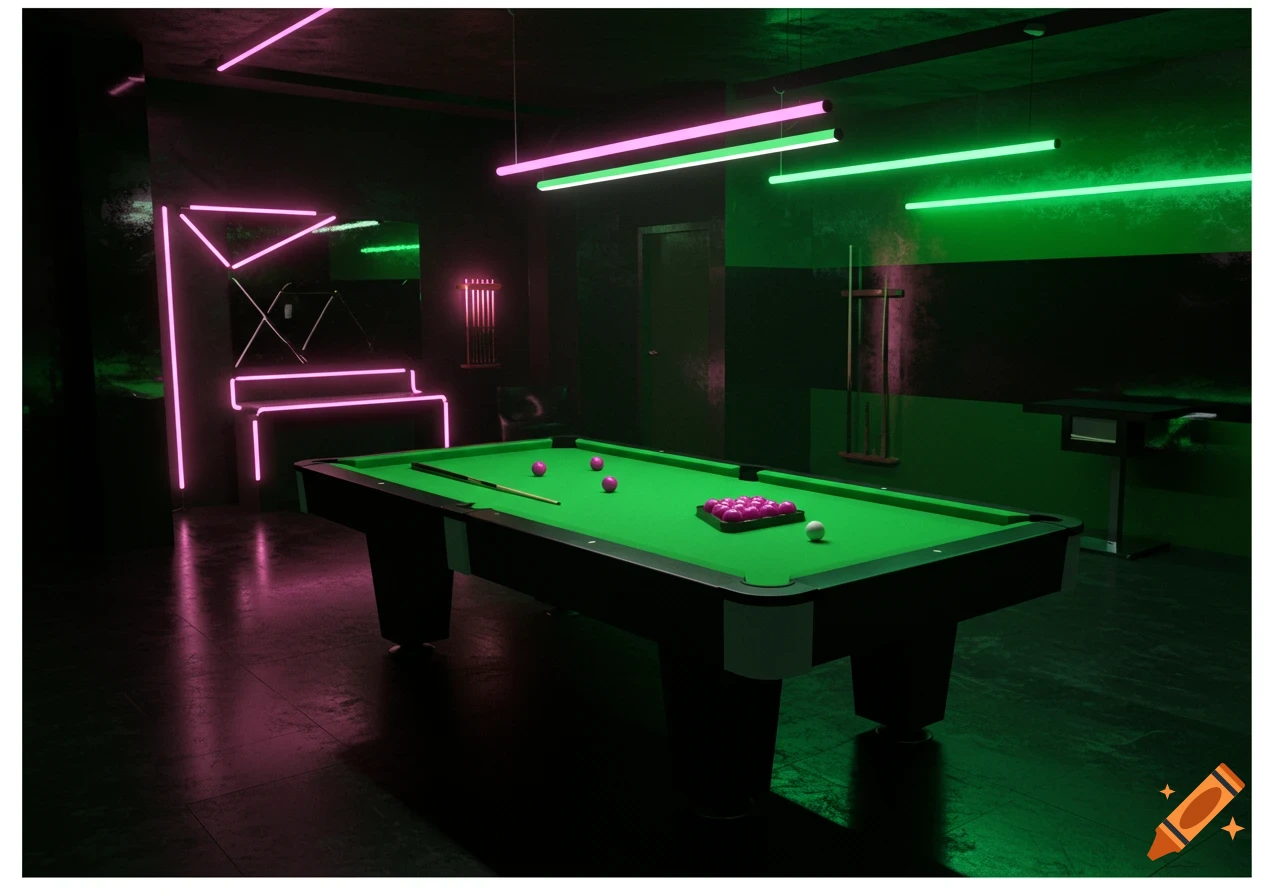 A pool hall with neon pink and green lights