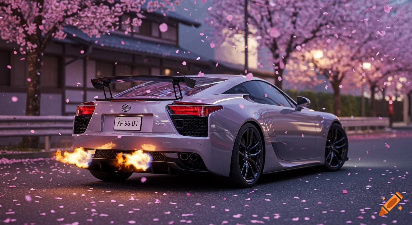 A Lexus LFA sports car on a street in Japan with falling cherry blossoms and flames from the exhaust.