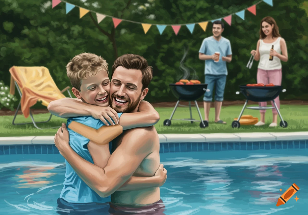 Digital painting of a father and son hugging in a pool during a family barbecue.