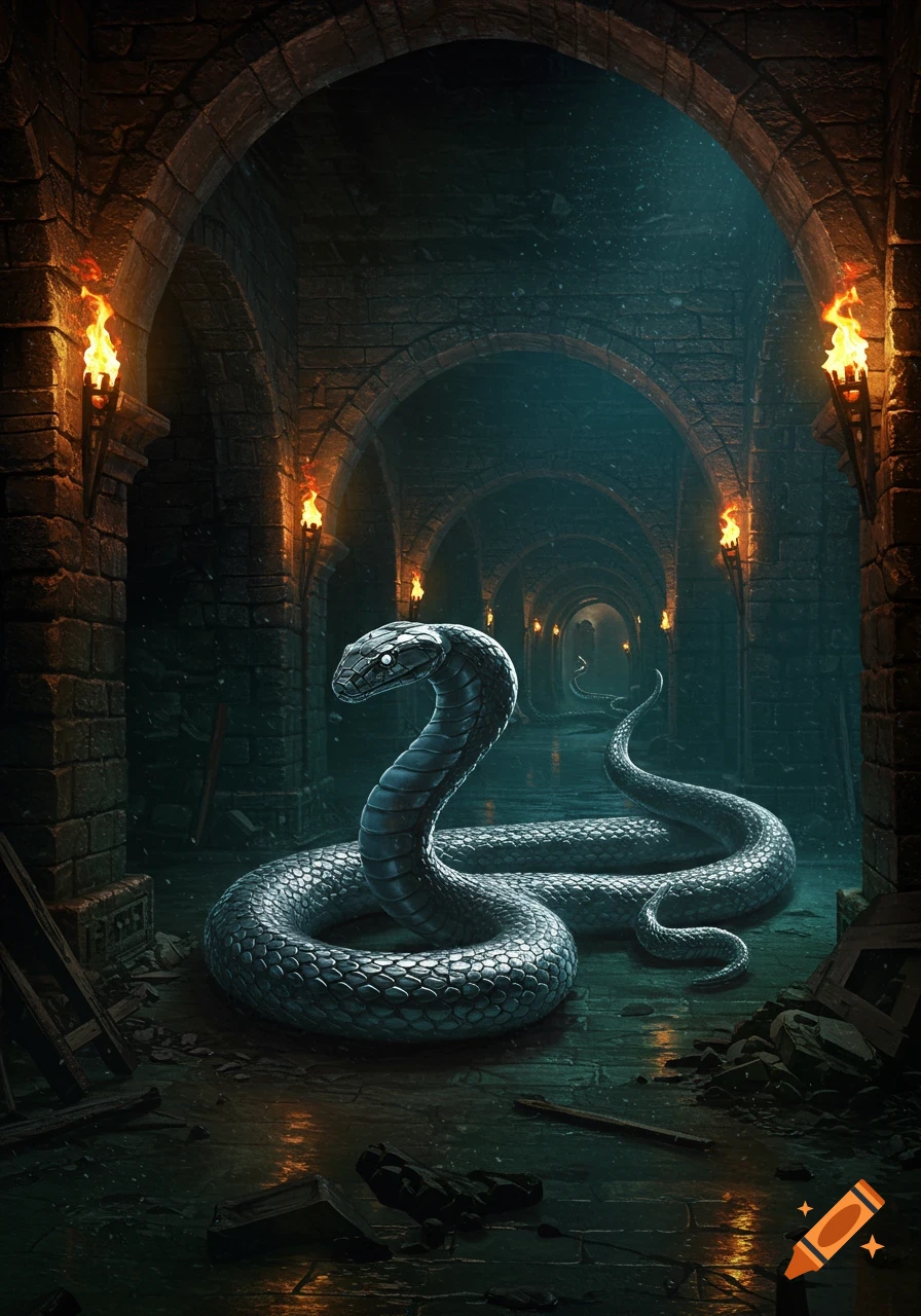 A large snake coiled in a dark dungeon hallway lit by torches.