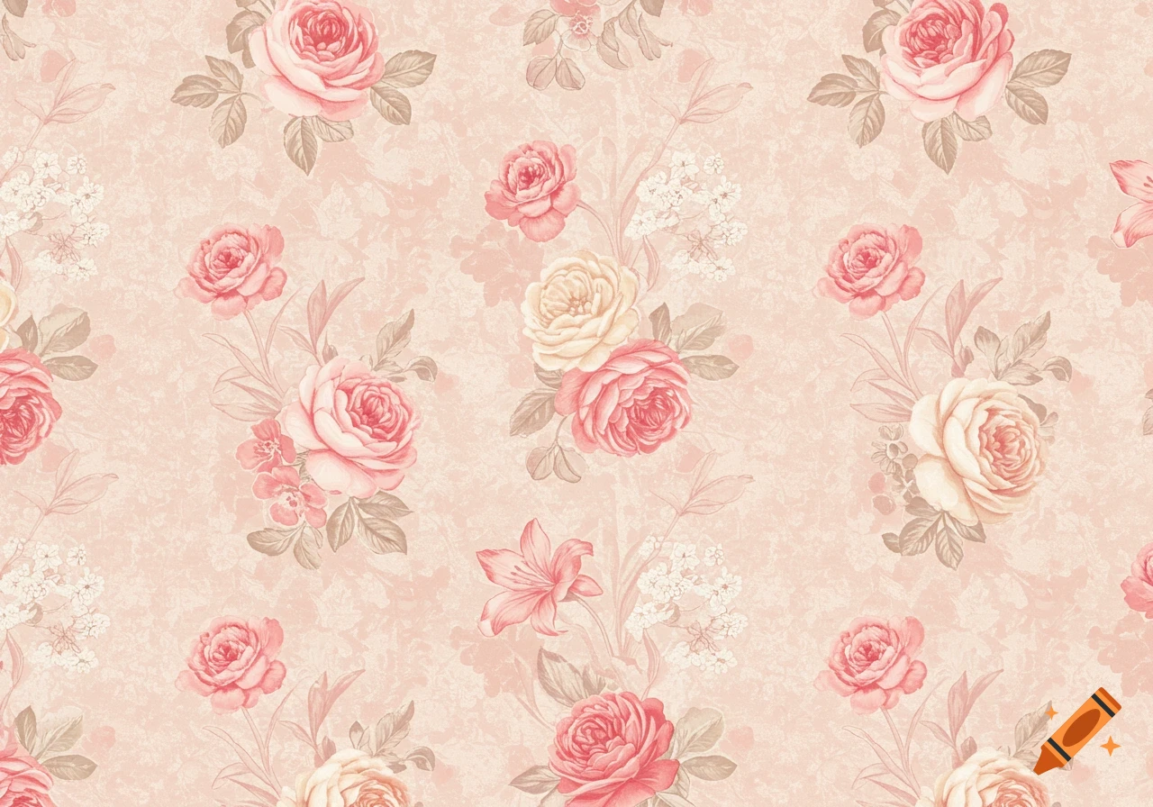 Seamless vintage floral pattern with pink and cream roses on a textured pastel pink background.