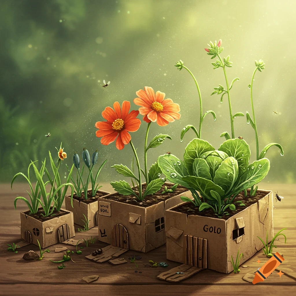 Miniature garden with plants growing in poorly made cardboard boxes on a wooden table.