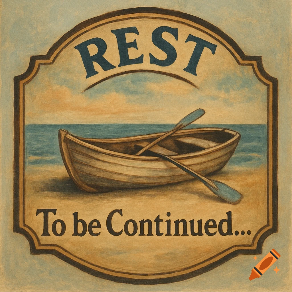 Painted logo of a boat on a beach with text 'REST To be Continued...'