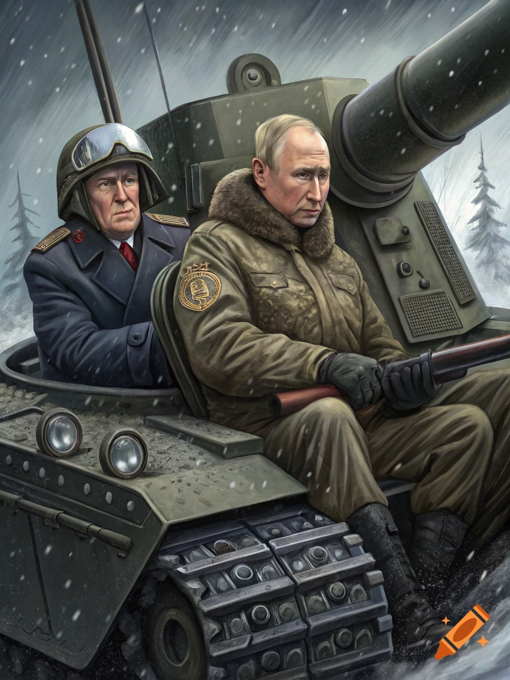 Donald Trump and Vladimir Putin ride in a Russian tank in a snowy landscape.