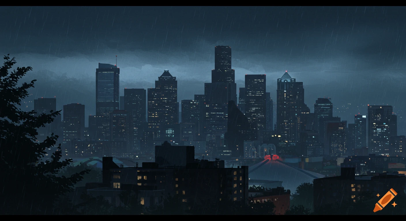 A dark cityscape viewed through falling rain at night.