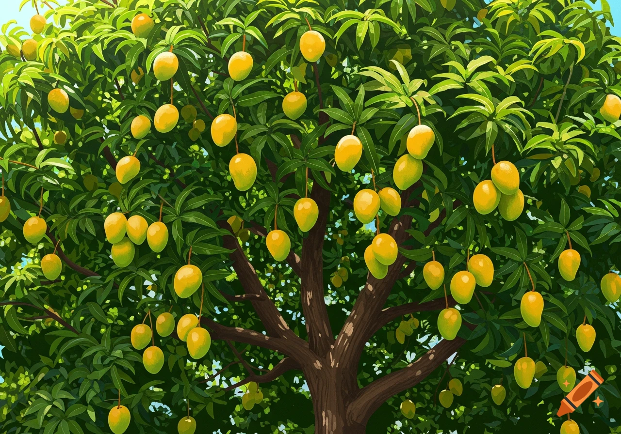 Illustration of a lush mango tree filled with ripe yellow mangos.
