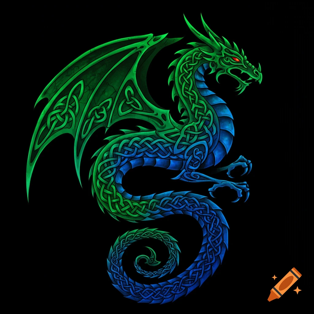 A green and blue Celtic knot dragon on a black background.