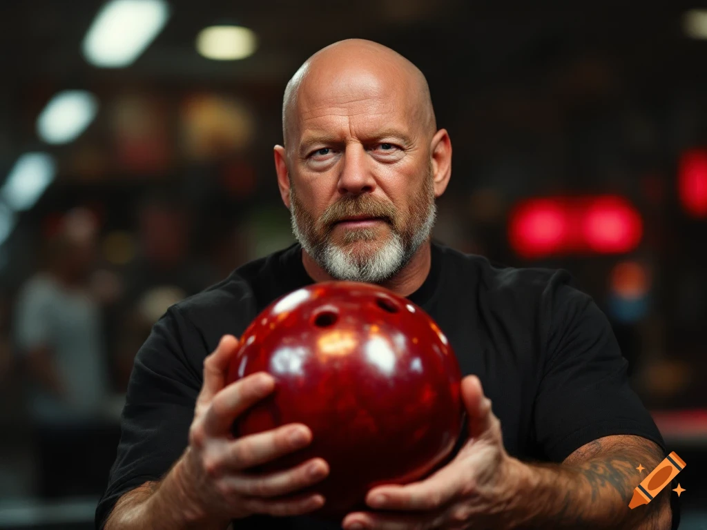 Bruce Willis holds a bowling ball in a bowling alley