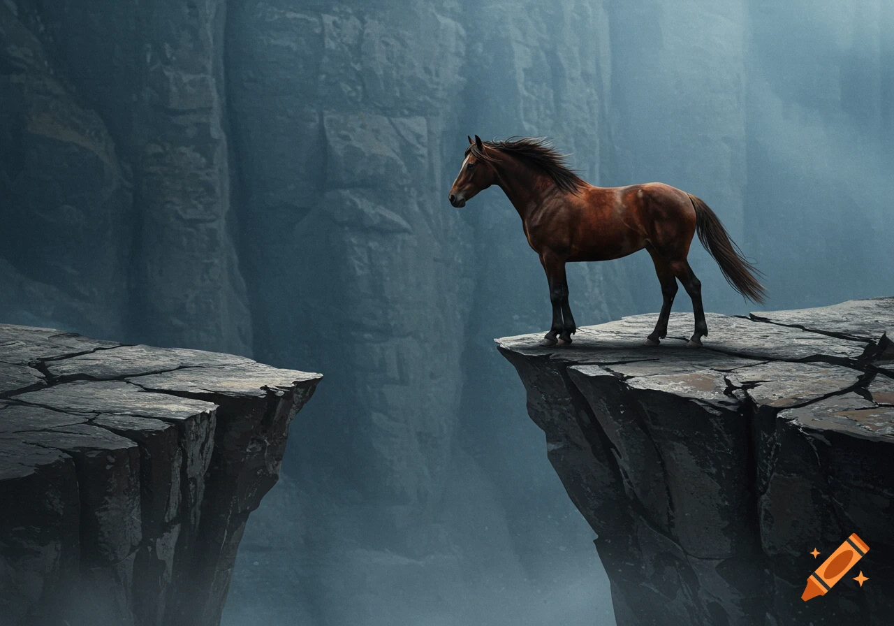 A brown horse stands on the edge of a cliff, looking across a gap in the rock formation. Misty mountains in the background.