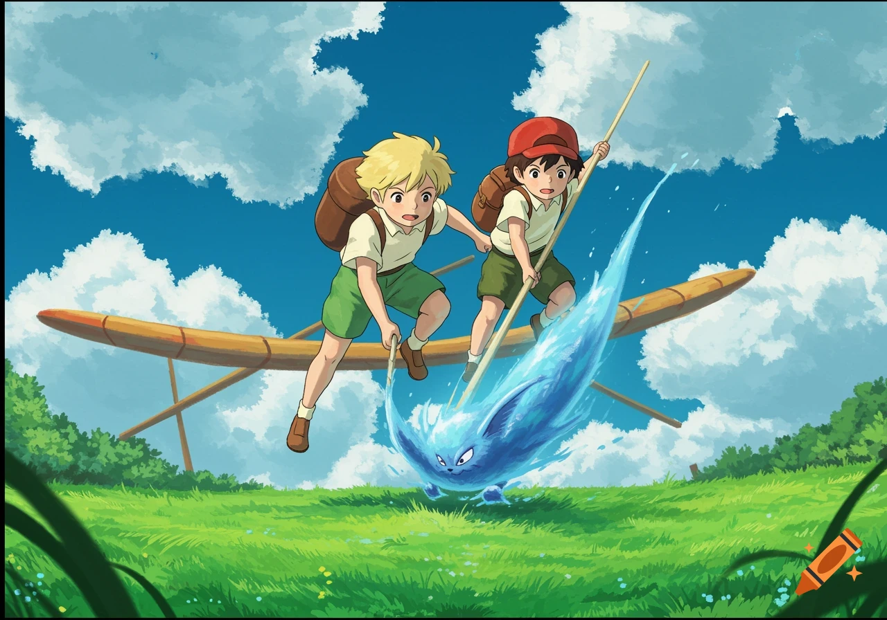 Anime illustration of two boys with staffs looking at a blue water creature in a grassy field under a blue sky.