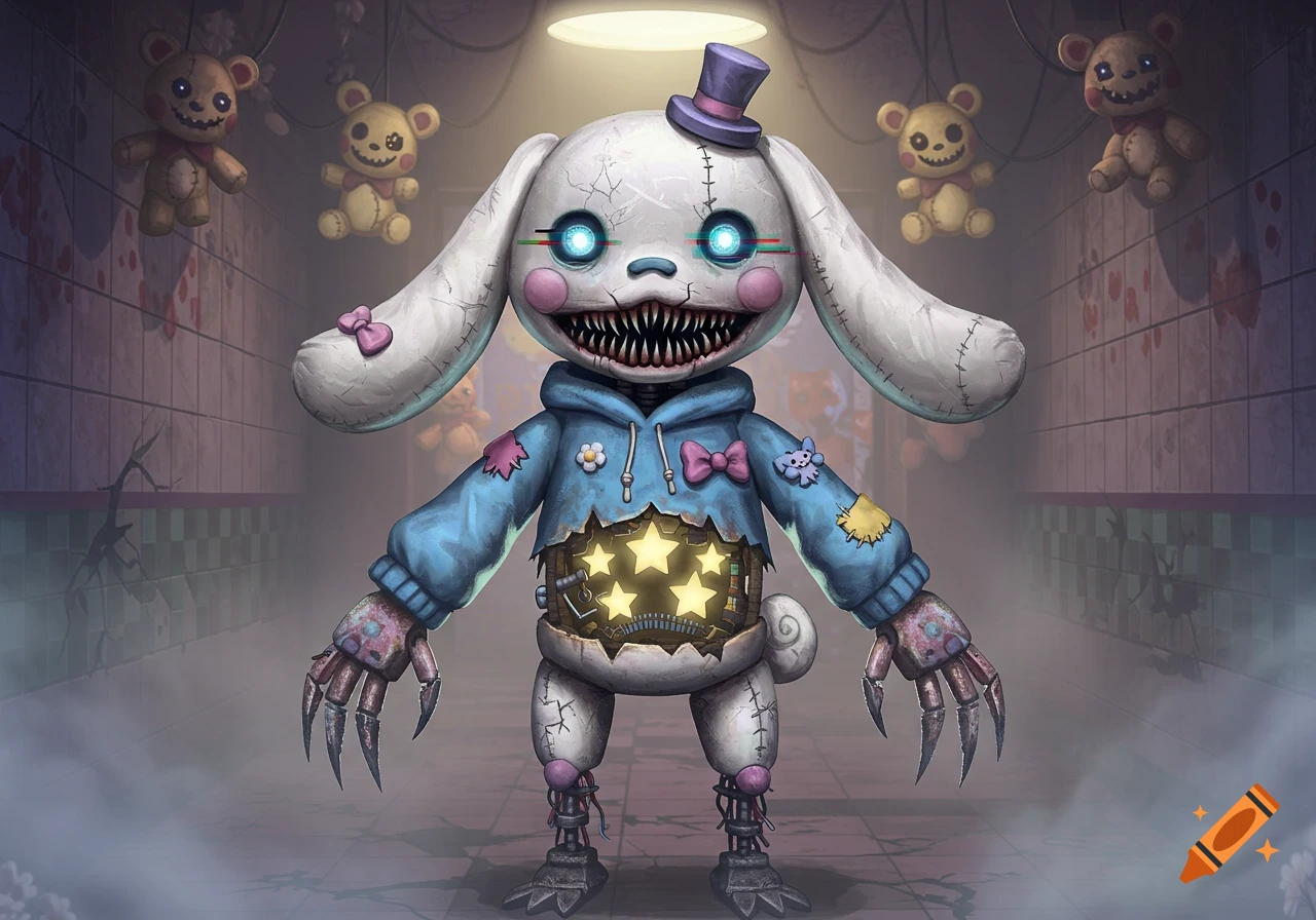Creepy animatronic bunny with glowing eyes and stars in its belly stands in a dark hallway with hanging teddy bears and blood splatters.