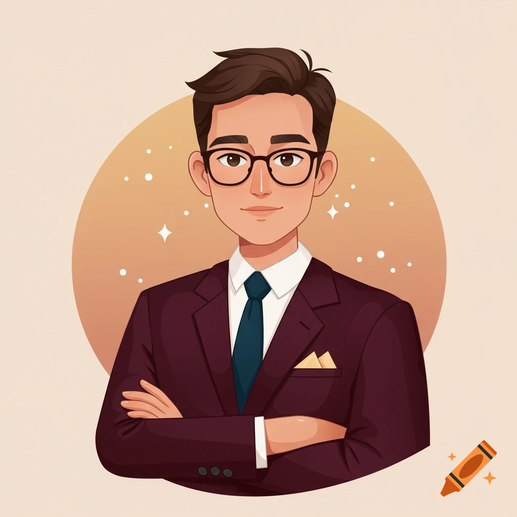 Cartoon avatar of a man in a burgundy suit and glasses with arms crossed.
