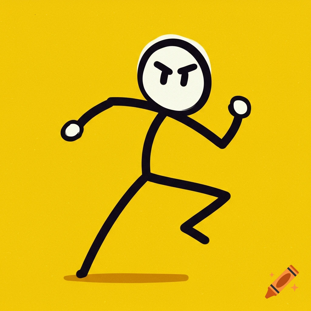 A stick figure with an angry expression runs across a yellow background.