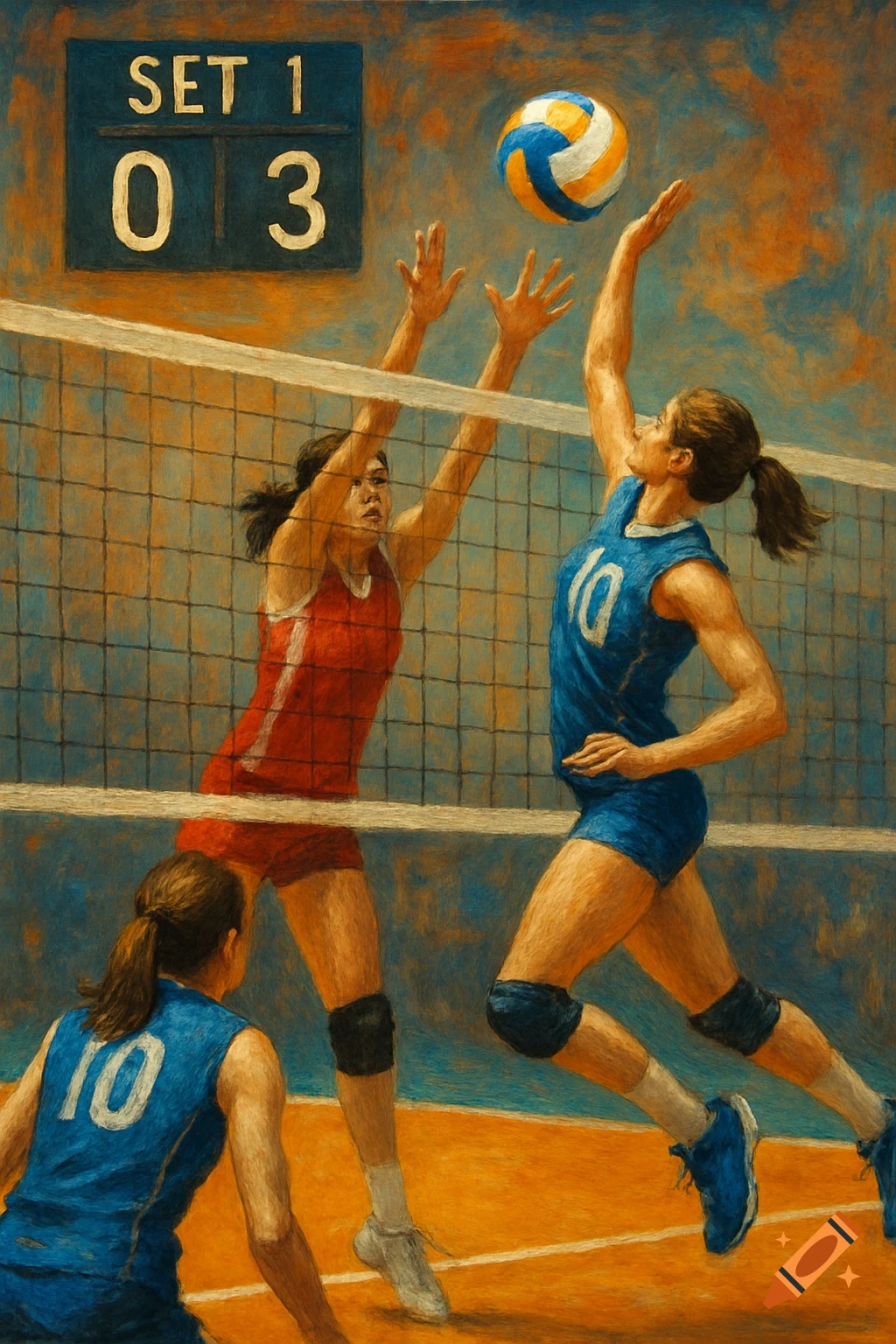 Painterly image of a volleyball game with players at the net and the scoreboard showing Set 1, 0-3.