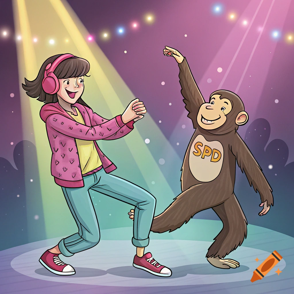 Cartoon girl with headphones dancing with a monkey on a stage