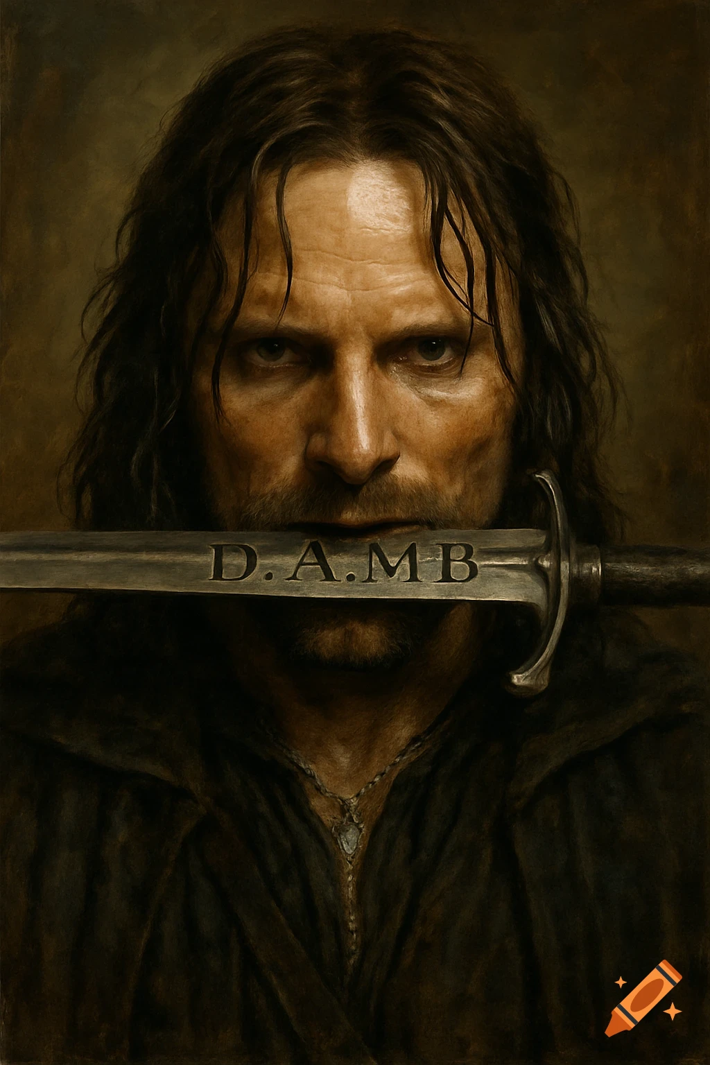Realistic portrait of Aragorn holding a sword with text in his mouth