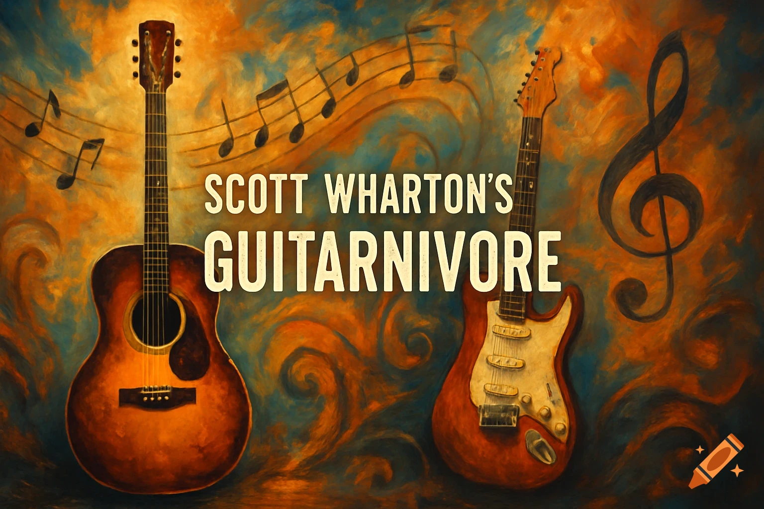 An acoustic and electric guitar with musical notes and a treble clef on a swirly painted background with the text 'Scott Wharton's Guitarnivore'.