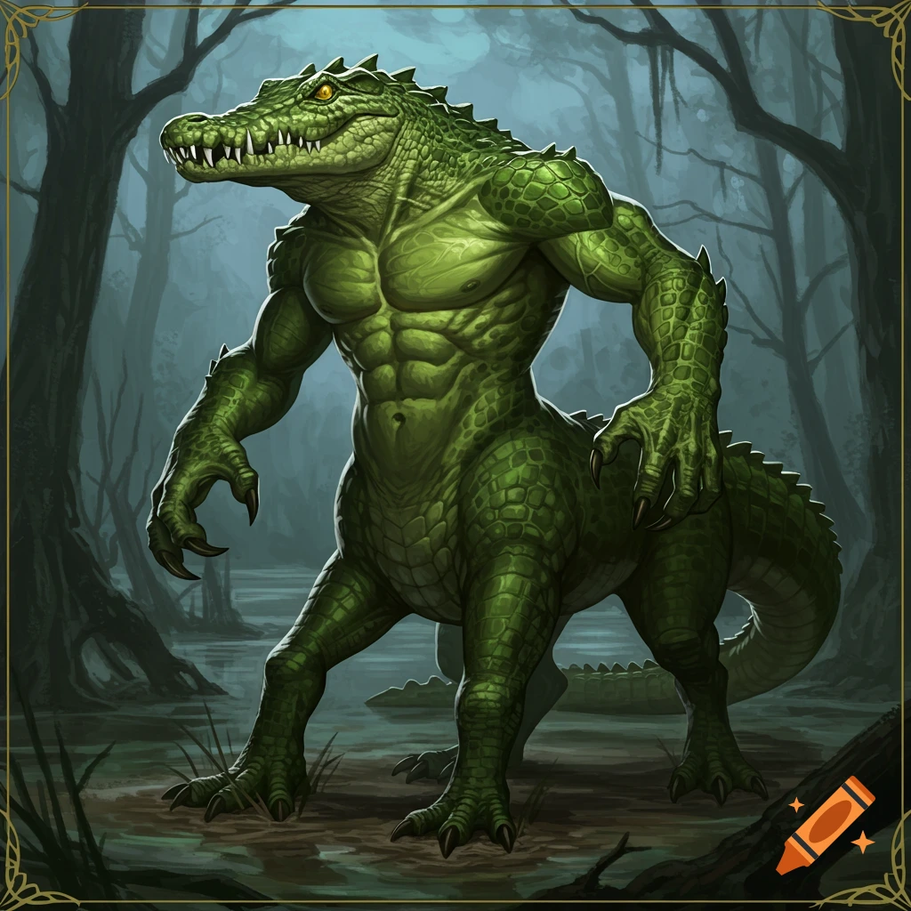 Reptilian centaur creature with crocodile head and scaled body stands in a swampy forest.