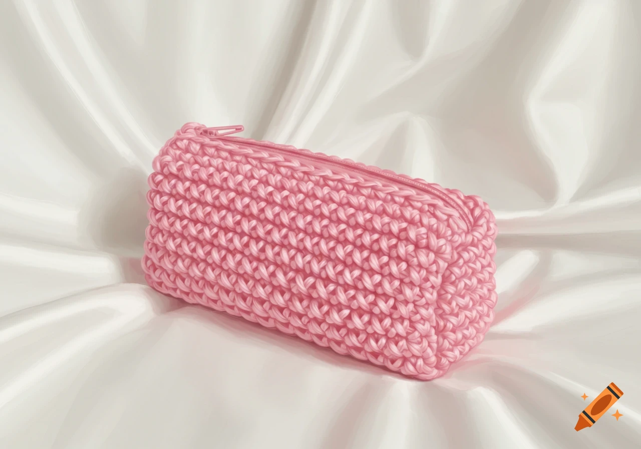 Pink crocheted pencil case on a white silk background.
